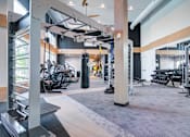 Thumbnail 12 of 26 - A gym with a variety of equipment including weights and cardio machines.