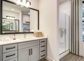 Thumbnail 10 of 28 - Huntsville, AL, Luxury Apartments - The Collins - Bathroom With Wood-Style Flooring, A Large Vanity Mirror, White Cabinets, White Quartz Countertop, A Walk-In Shower, And A Large Window