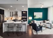 Thumbnail 20 of 44 - a living room and kitchen with a green accent wall