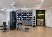Thumbnail 5 of 50 - A gym with a variety of equipment including a squat rack, bench, and weights.