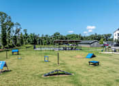 Thumbnail 41 of 49 - A park with a blue bench and a black object in the middle of the grass.