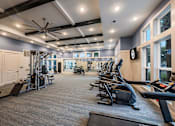 Thumbnail 10 of 45 - A spacious gym with a variety of equipment including treadmills, weights, and exercise machines.
