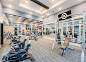 Thumbnail 37 of 45 - A gym with a variety of exercise equipment including treadmills, stationary bikes, and weight machines.