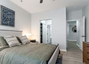 Thumbnail 16 of 59 - A bedroom with a bed, nightstands, and a painting on the wall.