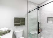 Thumbnail 24 of 59 - A bathroom with a toilet, a towel, and a glass shower door.