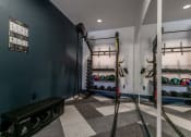 Thumbnail 19 of 38 - a home gym with weights and equipment on shelves
