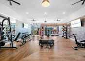 Thumbnail 20 of 29 - A gym with a variety of equipment including treadmills, weights, and exercise bikes.