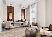 Thumbnail 7 of 44 - A modern office with a wooden panelled wall and a large window.