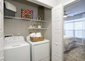 Thumbnail 13 of 31 - A small laundry room with a washer and dryer.