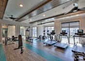 Thumbnail 18 of 31 - A gym with treadmills, weights, and exercise equipment.