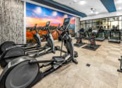 Thumbnail 9 of 48 - a gym with cardio equipment and a wall mural of a sunrise