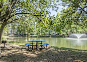 Thumbnail 26 of 36 - A picnic table is in front of a pond with a fountain.