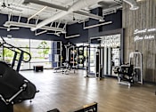 Thumbnail 19 of 29 - A gym with a variety of equipment including treadmills, weights, and a squat rack.
