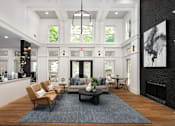 Thumbnail 12 of 30 - A modern living room with a fireplace and a large painting on the wall.