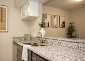 Thumbnail 3 of 23 - A kitchen with a granite countertop and a white faucet.