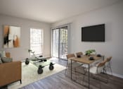 Thumbnail 4 of 28 - A living room with a brown couch, a glass coffee table, a dining table with chairs, and a painting on the wall.