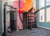 Thumbnail 21 of 31 - A gym room with a pink and orange wall and a variety of equipment.