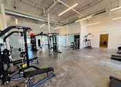Thumbnail 22 of 33 - A gym with a variety of equipment including a weight bench, a leg press machine, and a squat rack.