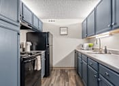 Thumbnail 26 of 29 - a kitchen with blue cabinets and a black stove and refrigerator