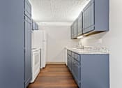 Thumbnail 21 of 29 - an empty kitchen with blue cabinets and a white refrigerator