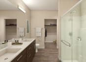 Thumbnail 14 of 31 - a bathroom with two sinks and a shower and a toilet at Tiffany Flats, Columbus, Ohio