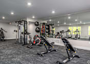 Thumbnail 9 of 57 - A spacious gym with a variety of equipment including treadmills, stationary bikes, and weight machines.