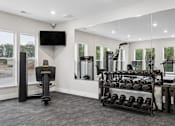 Thumbnail 11 of 33 - A home gym with a variety of equipment including a treadmill, weights, and a television.
