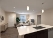 Thumbnail 30 of 31 - an open kitchen and living room with a white counter top at Tiffany Flats, Columbus, OH, 43231