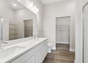 Thumbnail 71 of 71 - Bathroom with quartz countertops, closet, and bath/shower of an apartment unit.