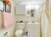 Thumbnail 9 of 12 - bathroom with vanity, shower, toilet, grab bars, and ample lighting