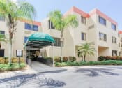 Thumbnail 3 of 22 - Villa San Carlos Senior Apartments with palm trees and covered entrance