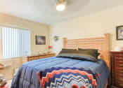 Thumbnail 19 of 22 - bedroom with ceiling fan, large window, and model furniture