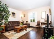 Thumbnail 6 of 12 - living room with hardwood-style flooring, large window, and model furnishings