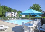 Thumbnail 13 of 20 - A pool area with chairs and umbrellas is surrounded by a fence and houses.