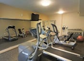 Thumbnail 12 of 26 - A gym with elliptical machines and weights.