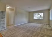 Thumbnail 6 of 15 - A room with a carpeted floor and a window with blinds.