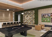 Thumbnail 4 of 12 - A pool table is in the middle of a room with a green wall and a sign that says "Clubroom Game Room".
