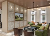 Thumbnail 5 of 12 - A modern living room with a green couch and a wooden floor.