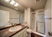 Thumbnail 25 of 29 - Sliding Glass Shower in Bathroom with White Cabinets