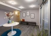 Thumbnail 22 of 24 - Modern lounge area with white pedestal table and blue accent rug