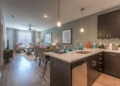 Thumbnail 69 of 78 - a kitchen with a large counter and a living room in the background  at EdgeWater at City Center, Lenexa, KS