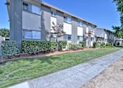 Thumbnail 3 of 28 - Apartment building with green bushes in front.