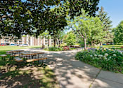 Thumbnail 20 of 21 - A sunny day at the park with picnic tables and green trees at Humboldt Senior 55+ Apartments, Saint Paul, 55107