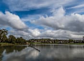 Thumbnail 12 of 12 - A serene lake with a cloudy sky above and a tree branch in the foreground.