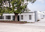 Thumbnail 2 of 9 - A white building with a tree in front of it.