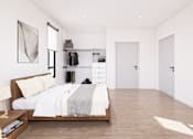 Thumbnail 2 of 2 - A bedroom with a bed, nightstand, and a painting on the wall.