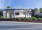 Thumbnail 1 of 6 - A modern house with a grey roof and white walls.