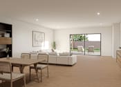 Thumbnail 2 of 9 - A modern living room with a dining table and chairs.