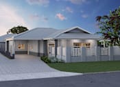 Thumbnail 1 of 9 - A modern house with a grey roof and white picket fence.