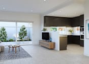 Thumbnail 9 of 9 - A modern living room with a large window and a flat screen TV.